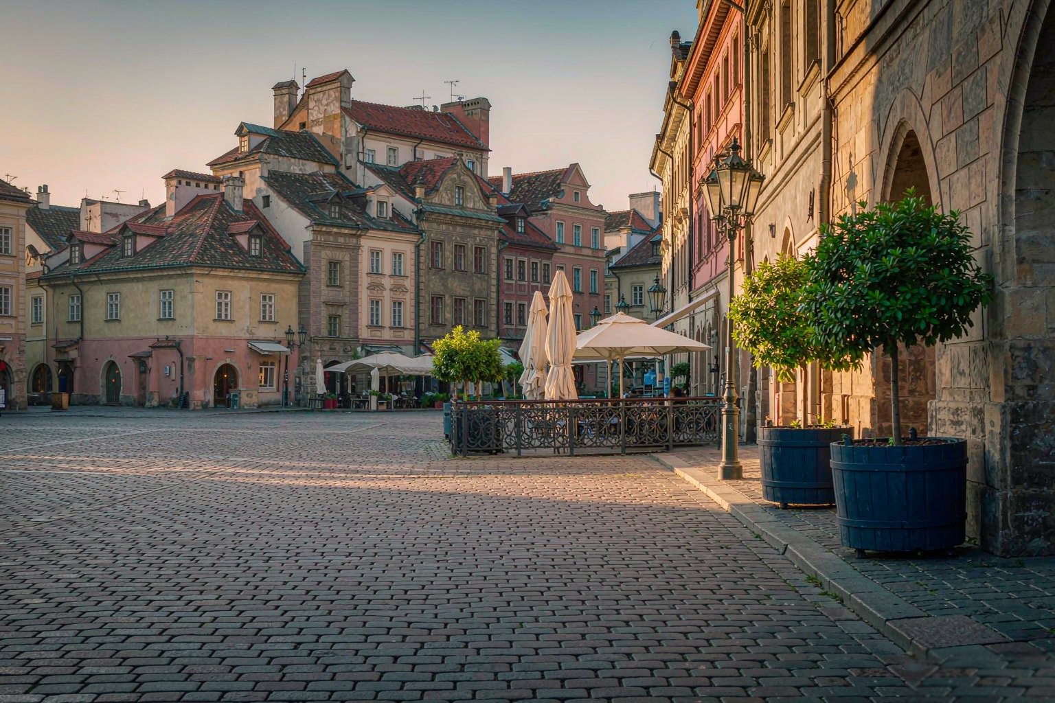 A quiet old town square in the morning