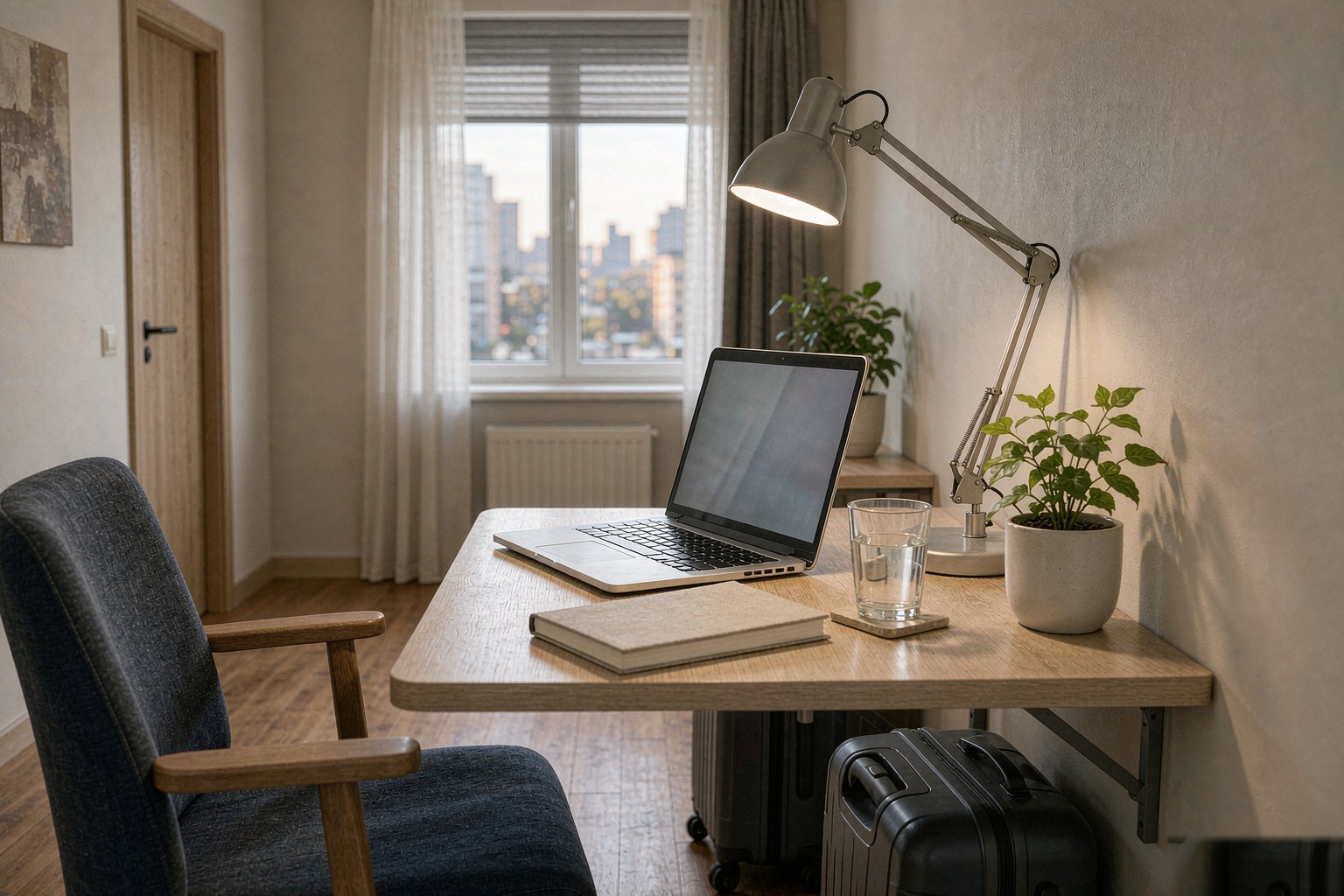 Desk workspace set up in a furnished apartment